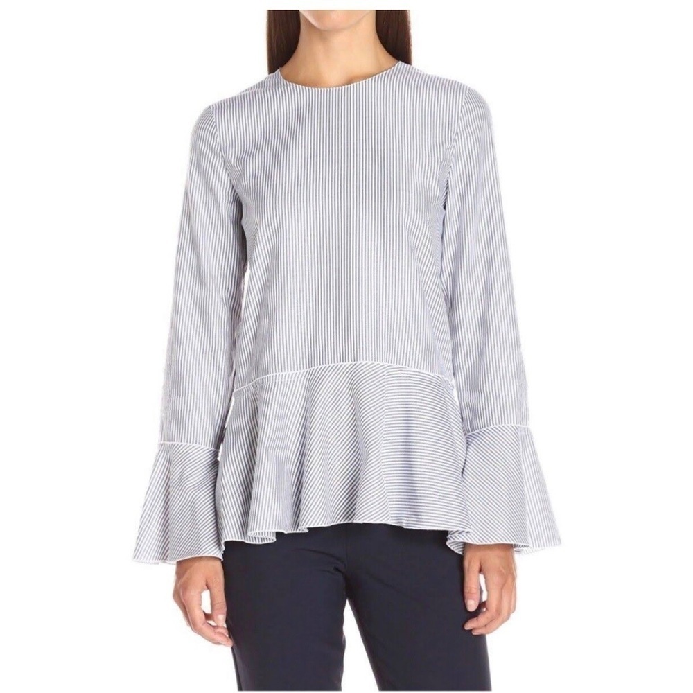 Theory pinstripe Lexandra peplum ruffle long sleeve tunic large